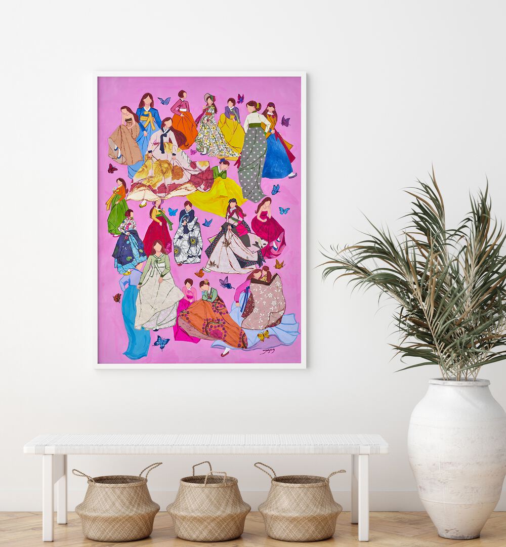 Colorful WOMAN IN DRESSES, FASHION POSTERS showcasing vibrant fashion designs against a pink background. Perfect for decor!