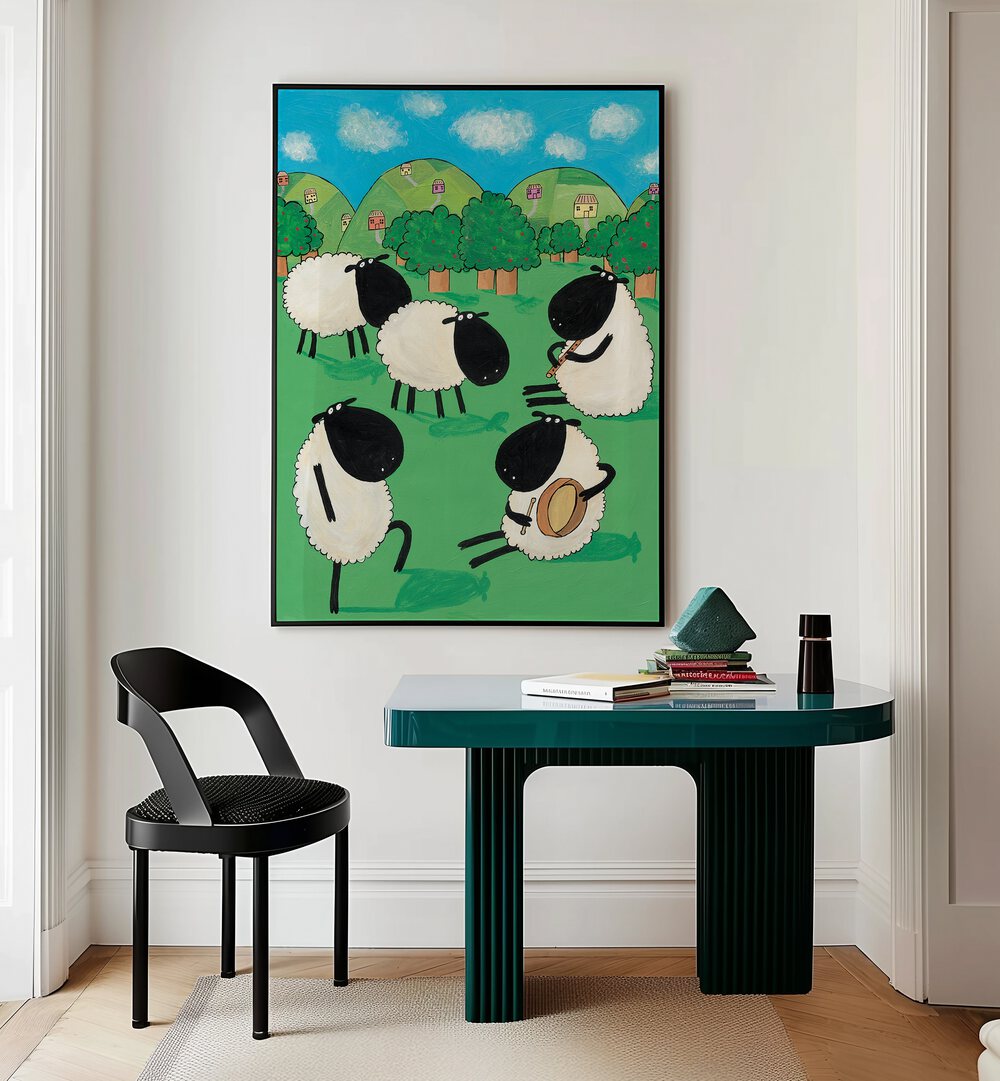 Funny Sheep Dancing In A Green Field By Carla Daly Kids Painting placed on a wall