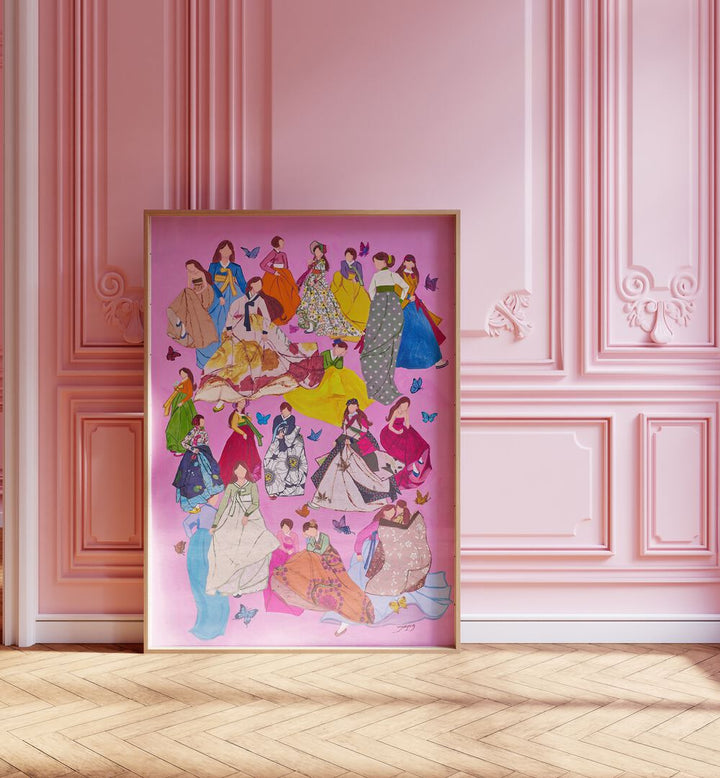 Vibrant WOMAN IN DRESSES, FASHION POSTERS showcase elegant designs against a chic pink backdrop, perfect for decor.