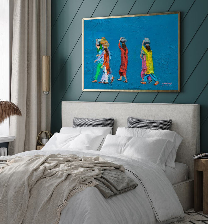 Vibrant WOMEN WITH BASKETS, INDIAN ART PAINTINGS adorn a stylish room, enhancing its cultural charm.