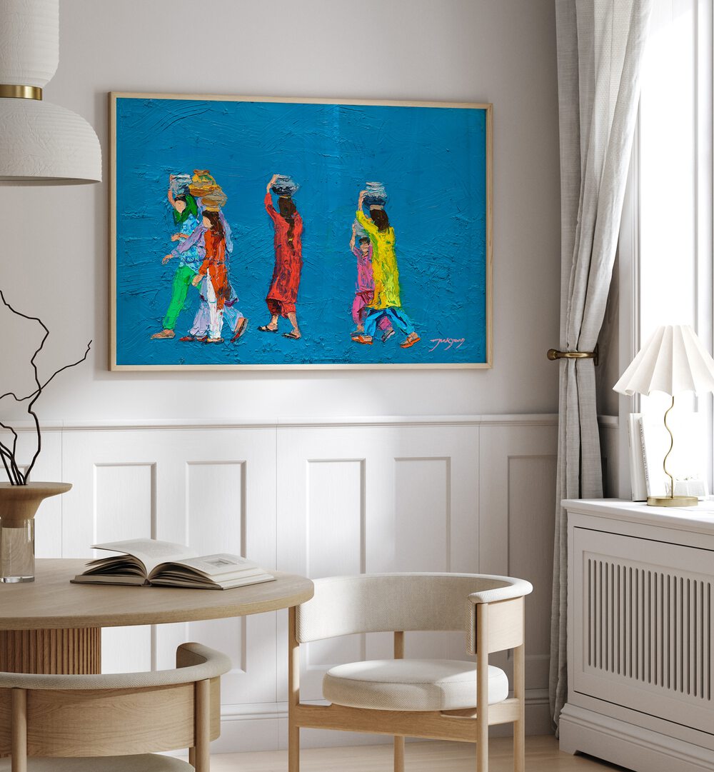 Colorful WOMEN WITH BASKETS, INDIAN ART PAINTINGS displayed in a modern setting, perfect for home decor.