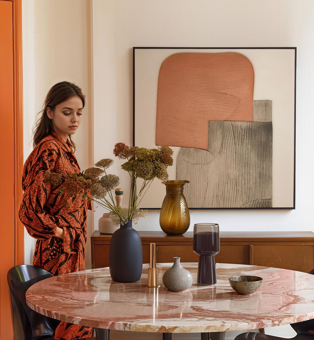 Stylish interior featuring PLISSAA I, ABSTRACT PAINTINGS, enhancing the modern living space with artistic flair.