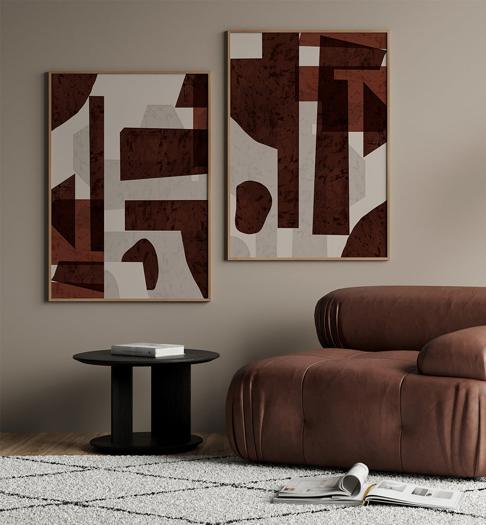 Modern living room with abstract art and a brown sofa.