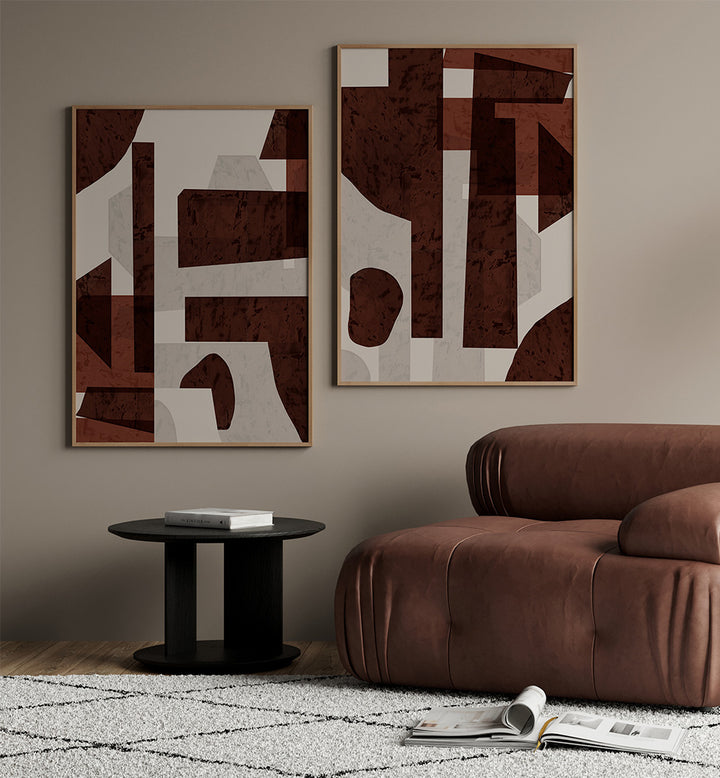 Modern living room with abstract art and a brown sofa.