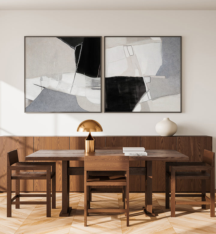 Dining room with wooden table and chairs, abstract art on the wall, and decorative items.