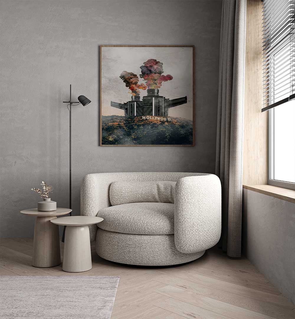 Stylish interior featuring HOLLYWOOD, SURREAL ART PRINTS above a modern chair and minimalist decor.