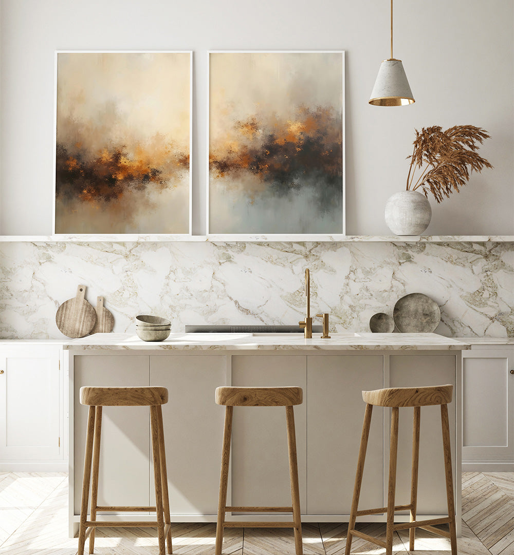 Modern kitchen with marble countertop, abstract art, and wooden stools.