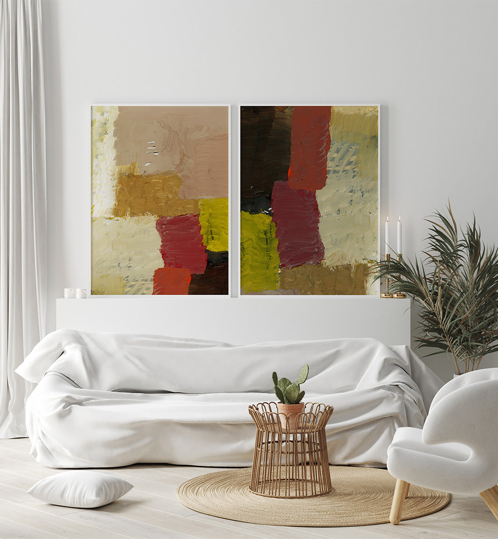 Modern living room with abstract art on the wall and a white sofa.