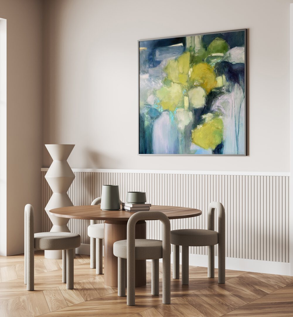 Bright and calming FOREST BATHING, ABSTRACT PAINTINGS enhancing a modern dining space with nature-inspired art.
