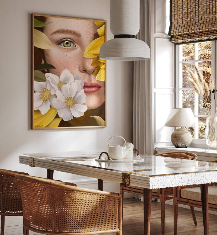 Vibrant "In the Garden, Portraits" artwork by Petra Holikova enhances this stylish living space with nature's beauty.