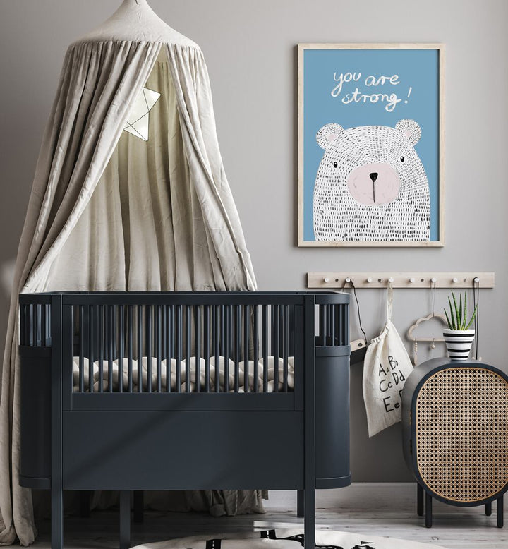 Bright kids' room featuring "YOU ARE STRONG, KIDS ROOM PAINTINGS" with a motivational bear illustration.