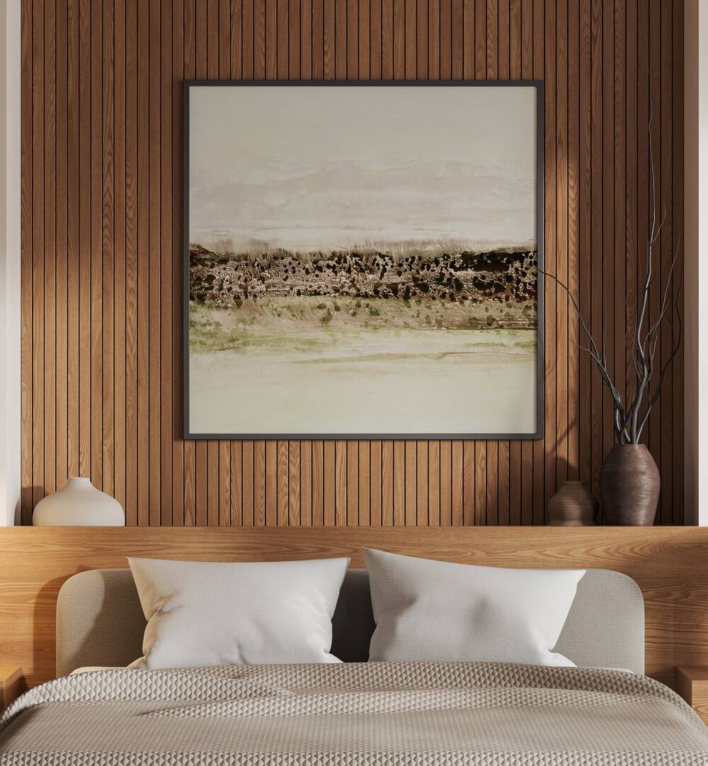Stylish interior featuring GREEN HORIZON, ABSTRACT PAINTINGS above a cozy bed, enhancing serene home aesthetics.