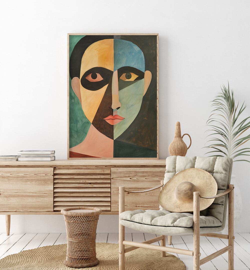 Stylish interior featuring "THE MAN IN GREEN, PORTRAITS" artwork, enhancing modern decor and artistic expression.