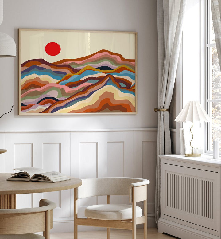 Elegant EARTHEN MAJESTY, LANDSCAPE PAINTINGS adorn a modern room, enhancing home decor with vibrant colors.