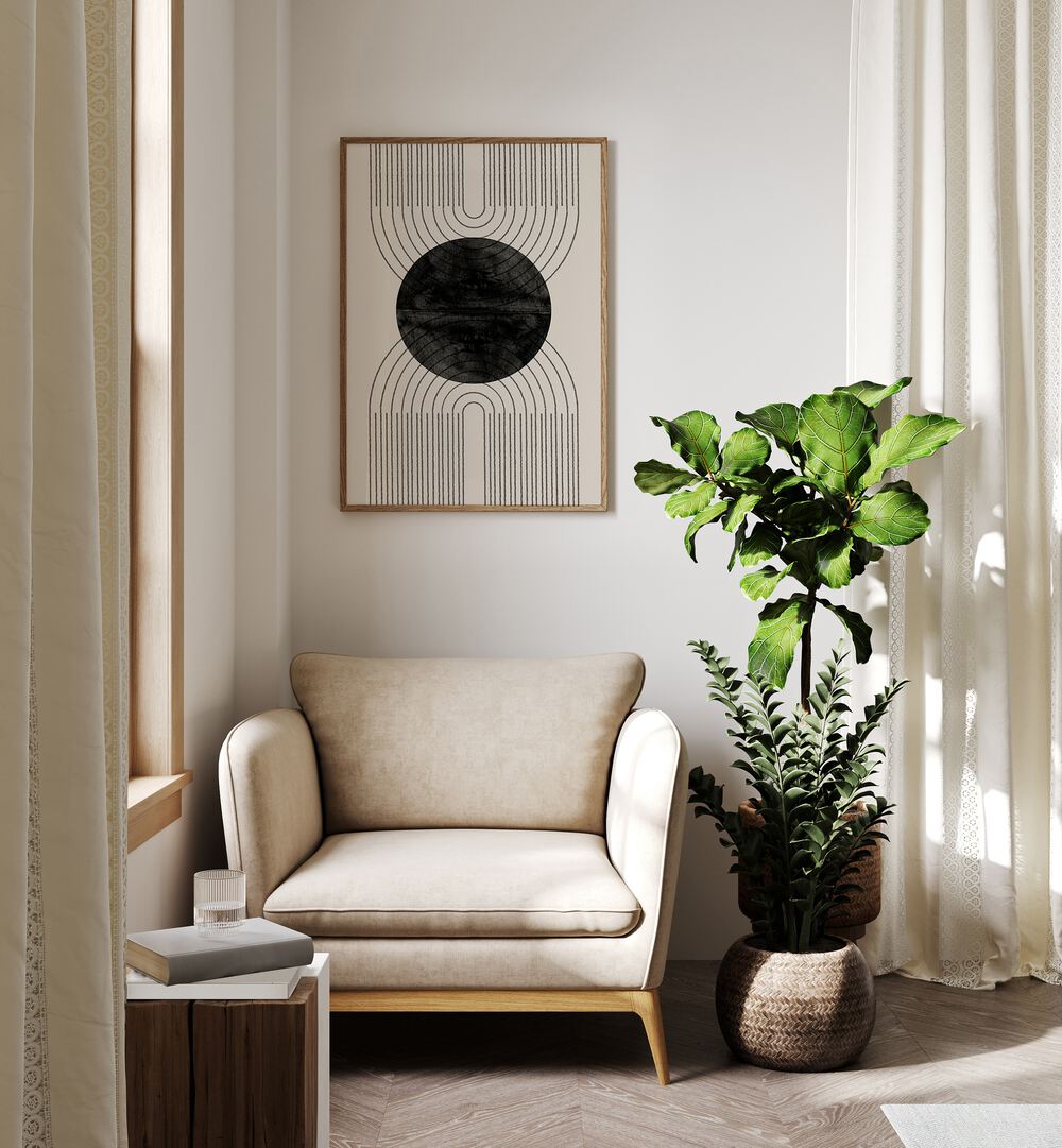 Stylish corner featuring PERFECT POINT BLACK, BOHO ART PAINTINGS by The Miuus Studio, enhancing modern living spaces.