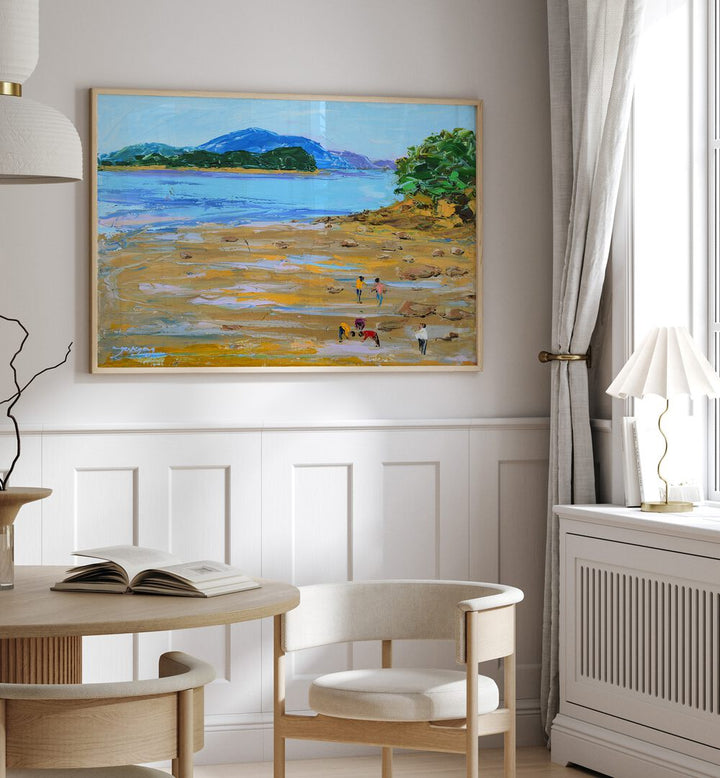 Colorful BEACH STORY II, BEACH PAINTINGS adorn a serene room, capturing a lively beach scene with joyful figures.