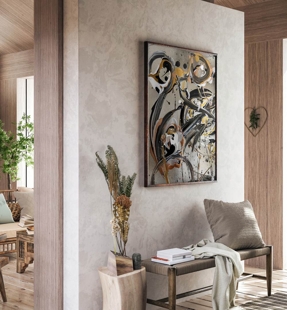 Elegant living space featuring YUKI II, ABSTRACT PAINTINGS, showcasing vibrant colors and dynamic design.