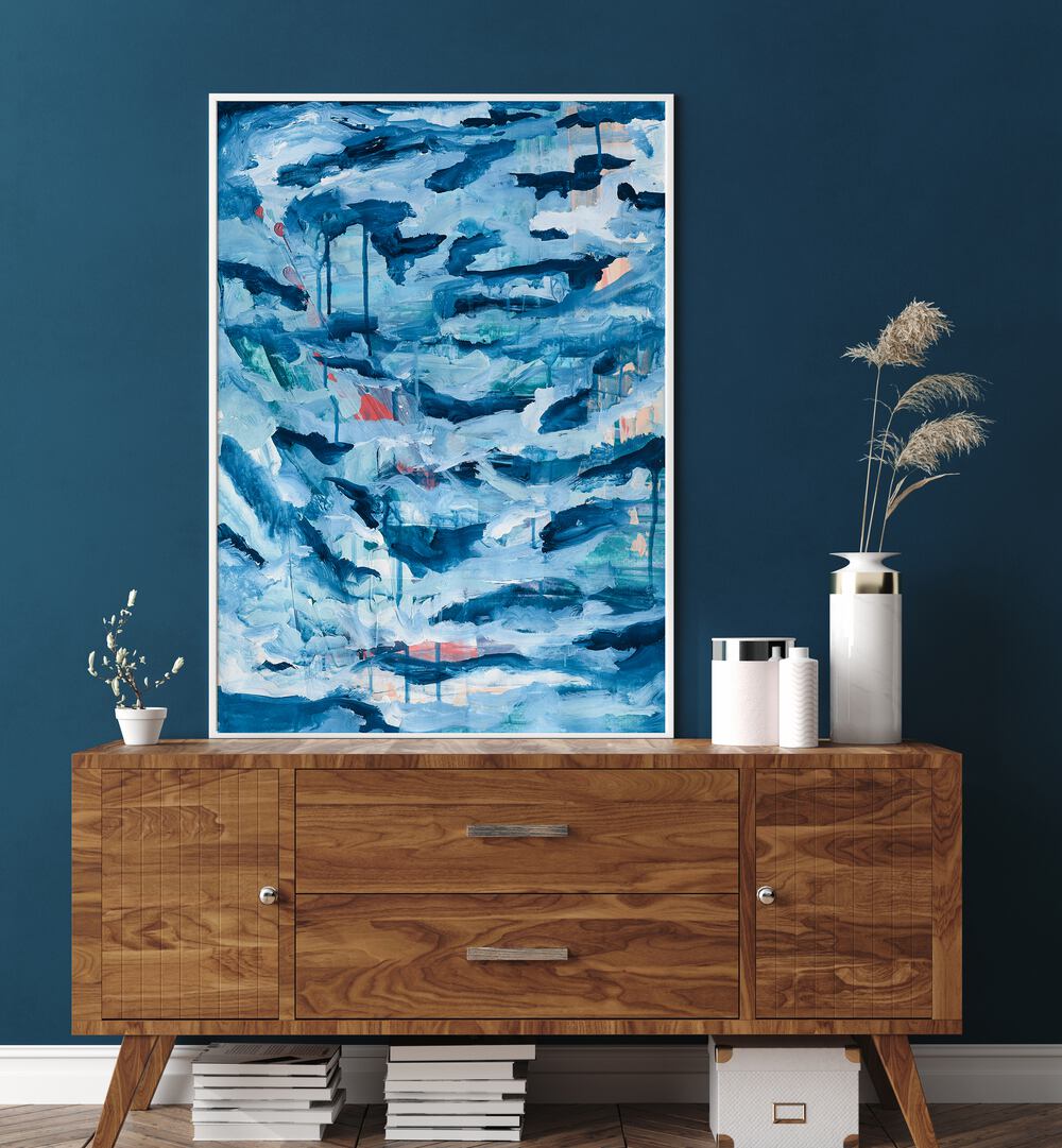 Northern Winter, abstract paintings displayed in a modern room, enhancing the serene beauty of winter landscapes.