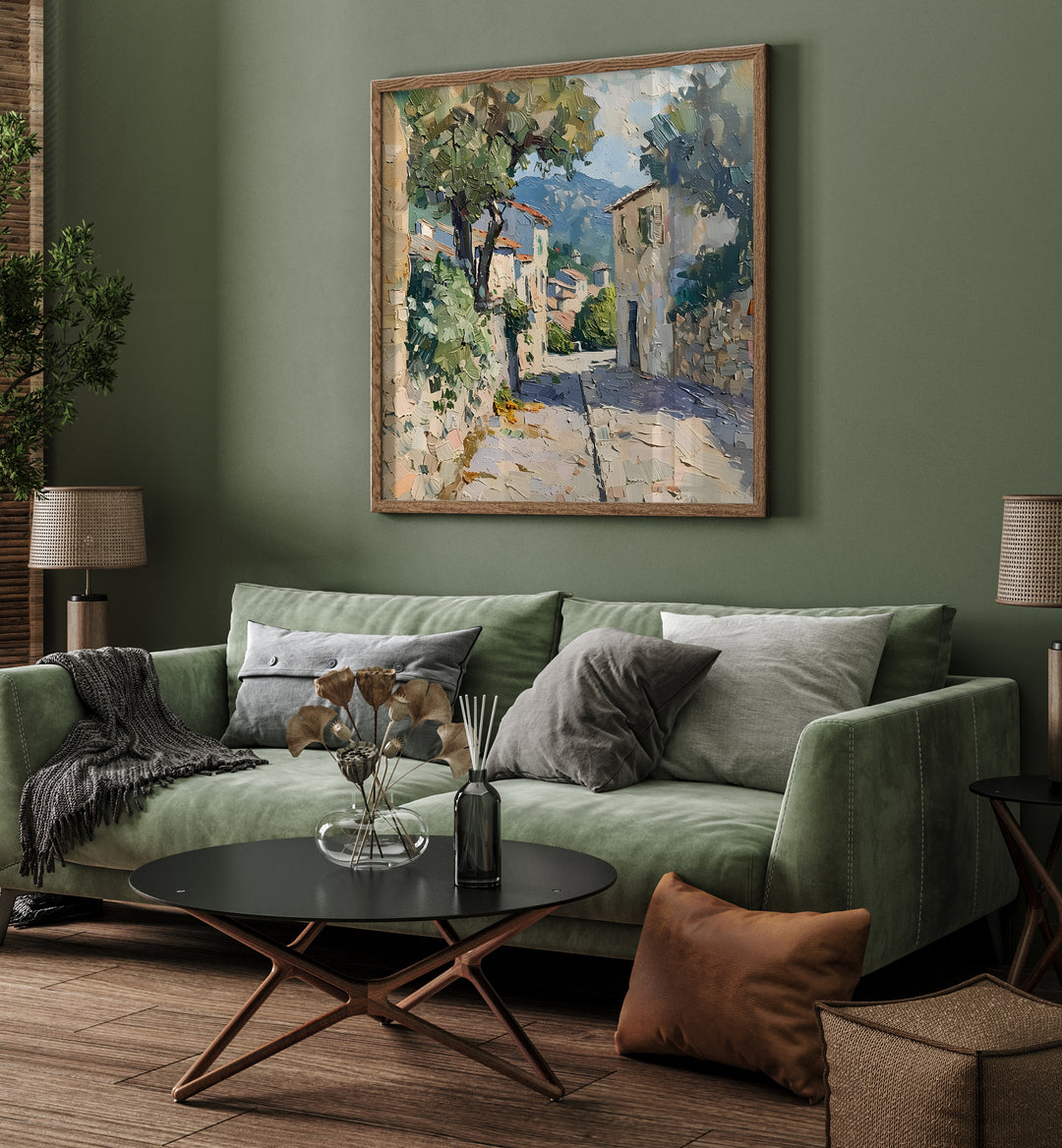 Stylish living room featuring the STREET IN MALLORCA IV artwork, capturing Mediterranean charm and vibrant summer vibes.