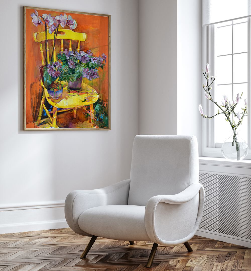 Stylish CHAIR WITH CUP PLANTS VIII, FLORAL FLOWER PAINTINGS, perfect for enhancing your home décor and comfort.
