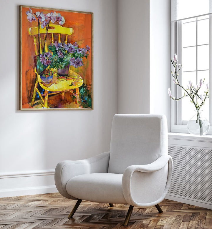 Stylish CHAIR WITH CUP PLANTS VIII, FLORAL FLOWER PAINTINGS, perfect for enhancing your home décor and comfort.