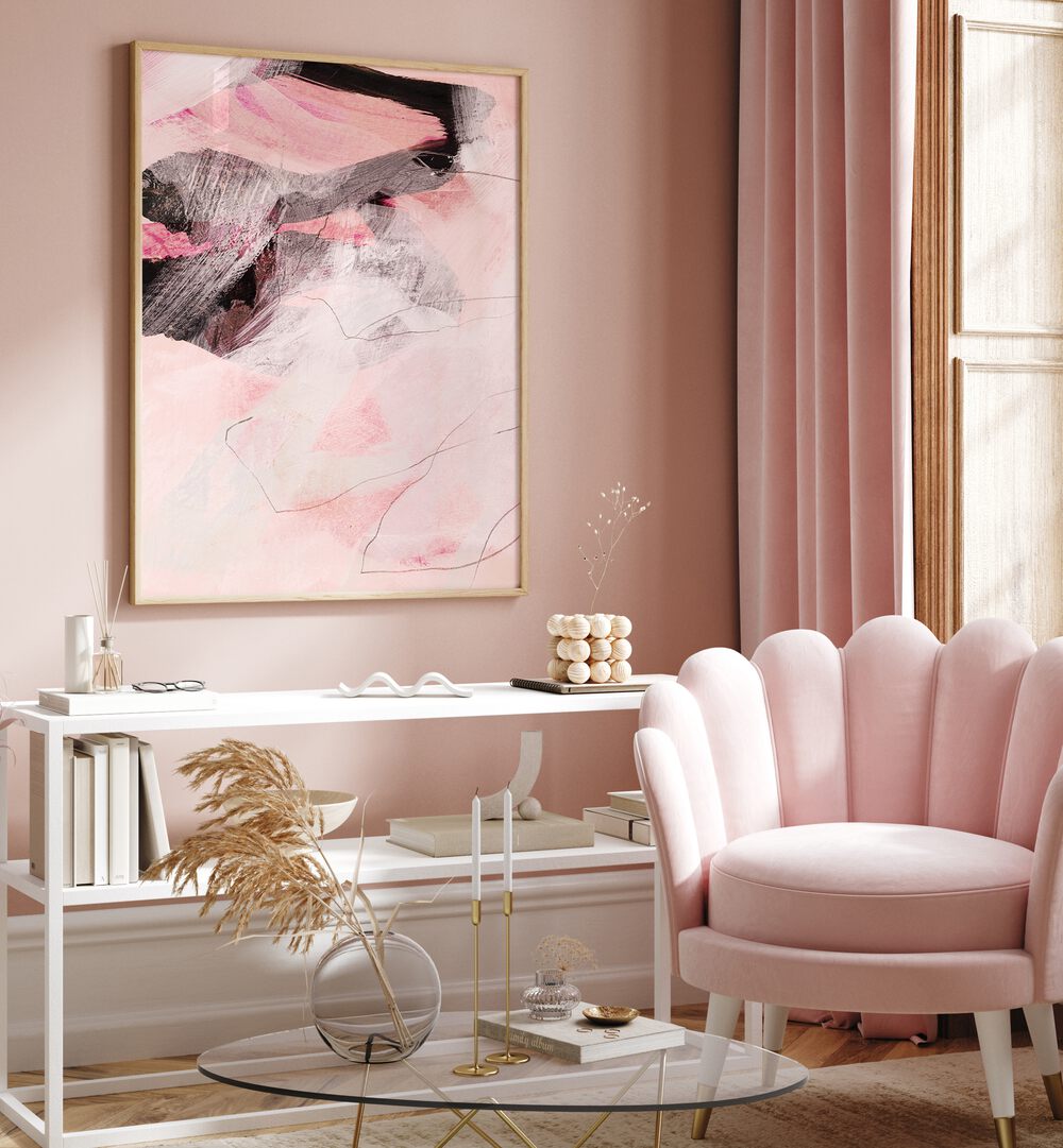 Stunning ABSTRACT LINES TOMB, ABSTRACT PAINTINGS enhance modern aesthetics in a chic living room setting.