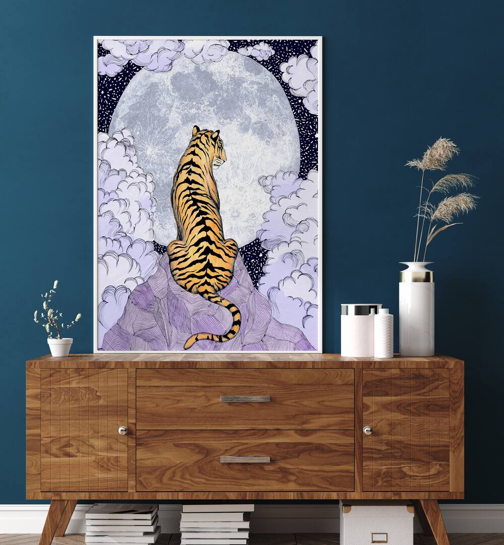 TIGER MOON 2018, ANIMAL PAINTINGS showcase a majestic tiger under a full moon, perfect for wildlife art lovers.