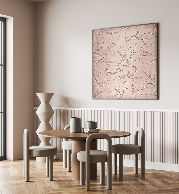 Elegant CHERRY BLOSSOM DANCE, FLORAL FLOWER PAINTINGS enhance a modern dining space with spring-inspired artistry.