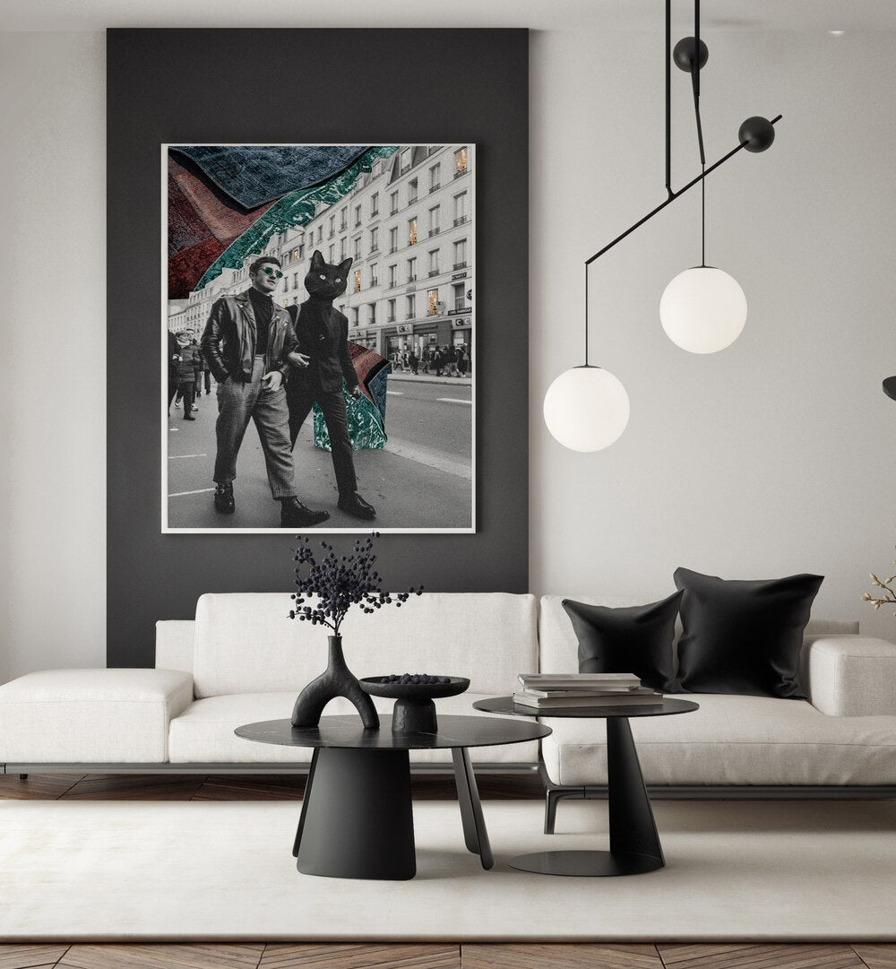 Surreal art print "CAT IN CITY" showcasing a unique urban scene, perfect for modern cat lovers' décor.