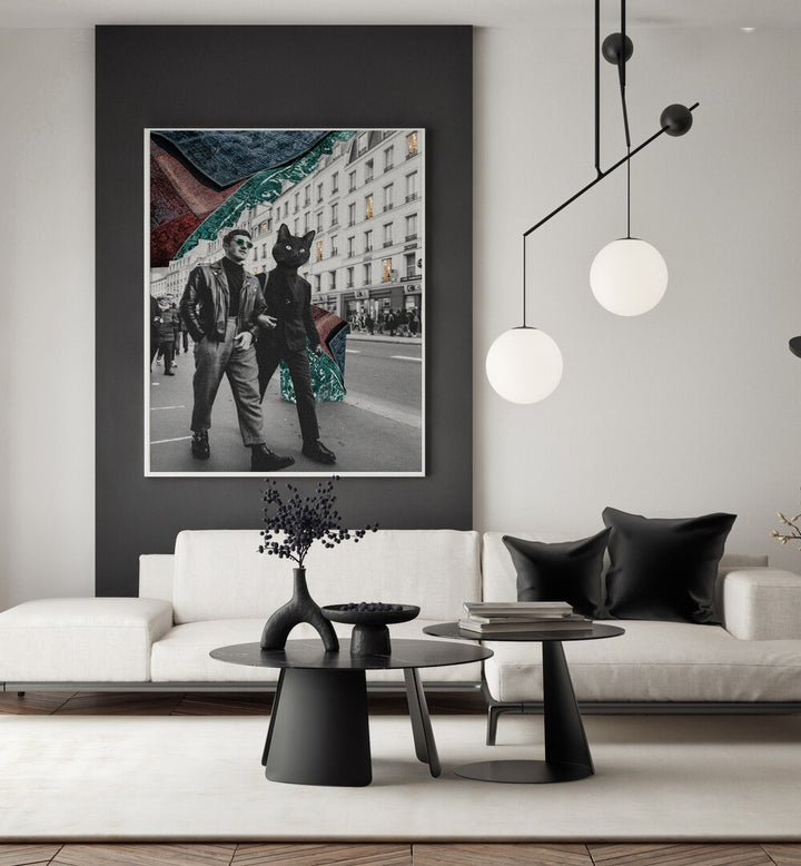 Surreal art print "CAT IN CITY" showcasing a unique urban scene, perfect for modern cat lovers' décor.