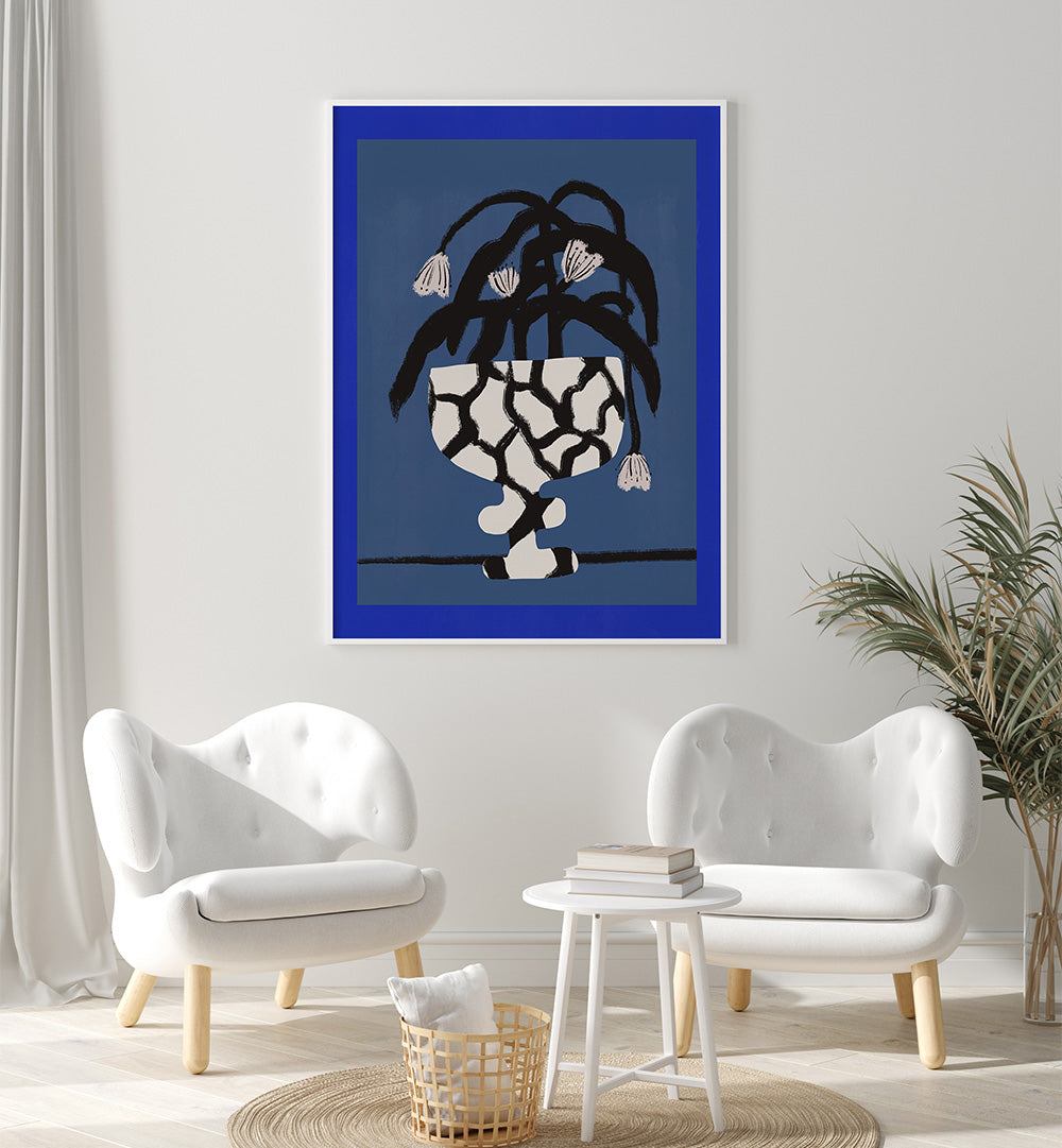 CRACKED VASE IN BLUE , FLORAL FLOWER PAINTINGS
