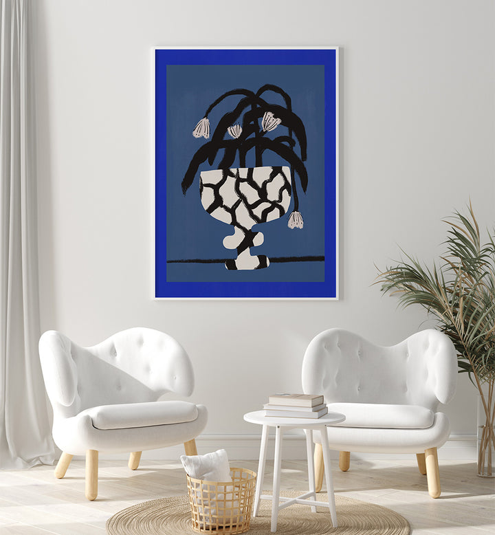 CRACKED VASE IN BLUE , FLORAL FLOWER PAINTINGS