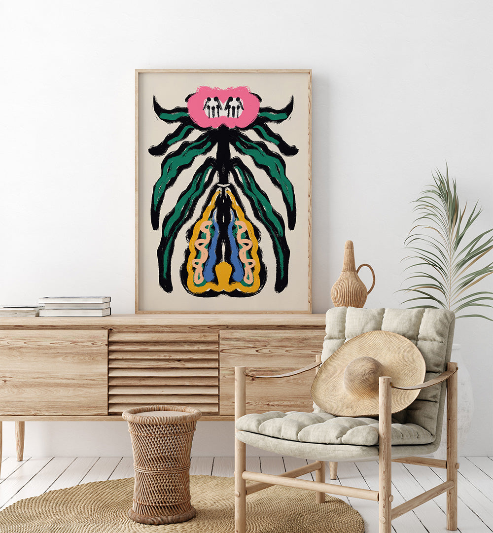 SYMMETRICAL DESIGN WITH A PINK FLOWER , FLORAL FLOWER PAINTINGS