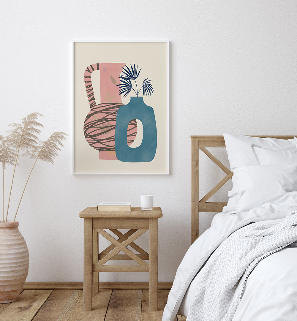 STILL LIFE WITH BLUE AND PINK VASE , BOHO ART PAINTINGS