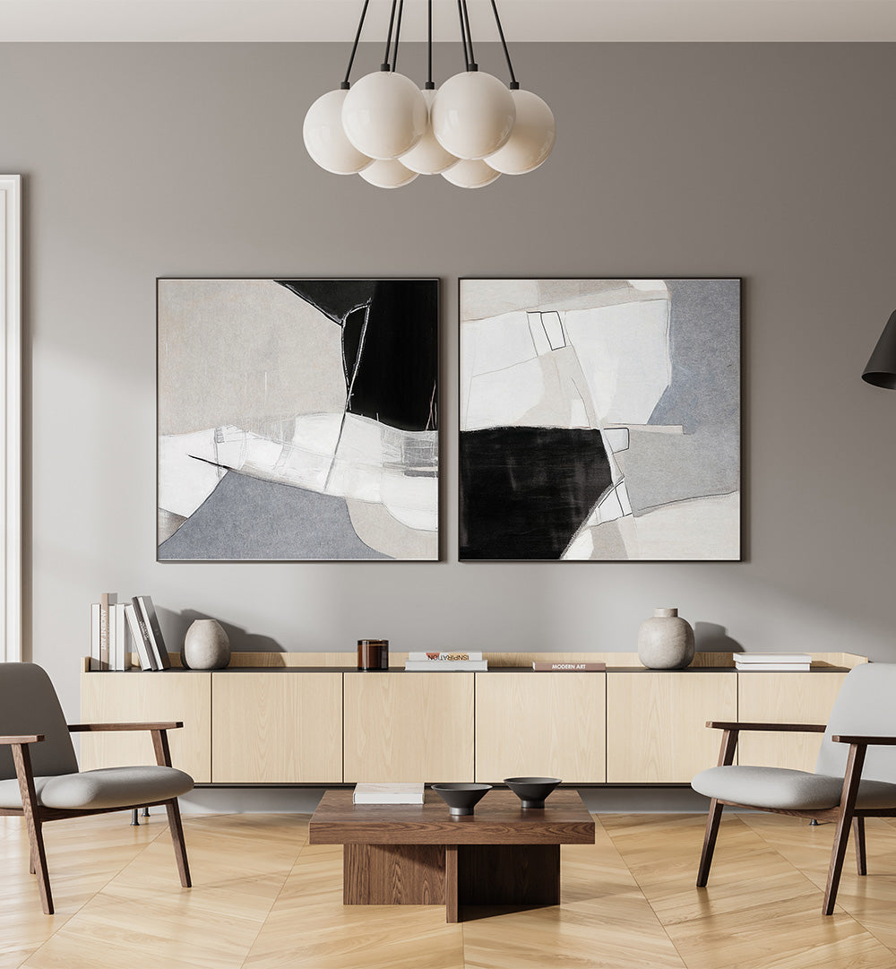 Modern living room with abstract wall art and minimal decor