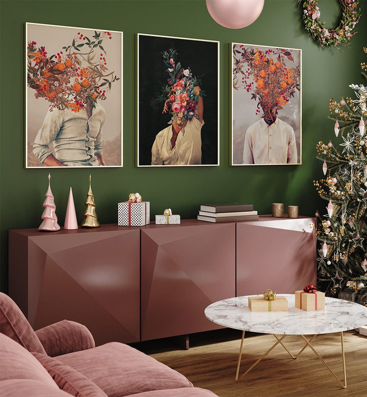 Living room with decorative wall art, furniture, and a Christmas tree.