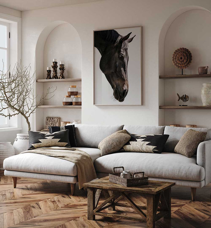 GENTLE EQUINE GAZE , ANIMAL PAINTINGS horse portrait above sofa in neutral boho living room