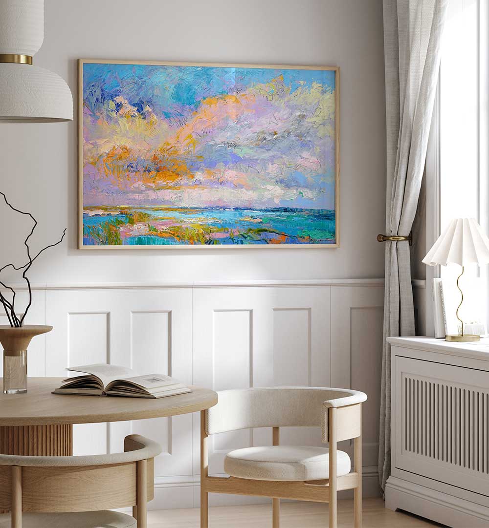 COLORFUL , LANDSCAPE PAINTINGS framed seascape over dining table in Modern Studio living room
