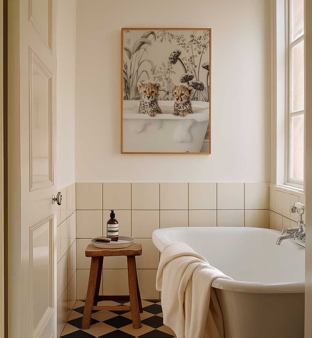 CHEETAH CUB BATH , BATHROOM ART PRINTS