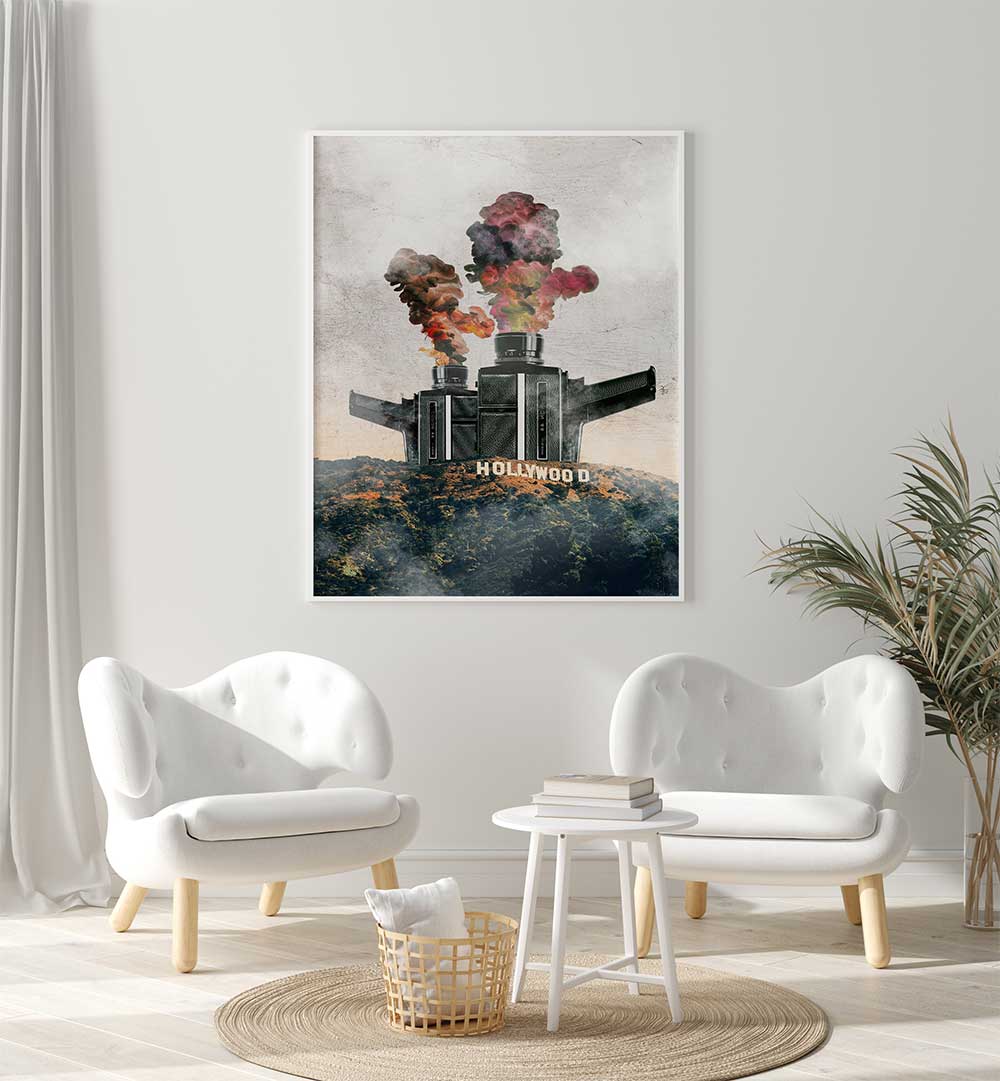 Surreal art print featuring Hollywood with dramatic smoke, perfect for unique home decor. Discover HOLLYWOOD, SURREAL ART PRINTS.