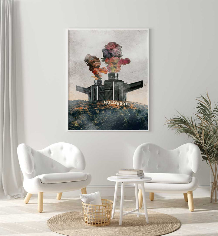 Surreal art print featuring Hollywood with dramatic smoke, perfect for unique home decor. Discover HOLLYWOOD, SURREAL ART PRINTS.
