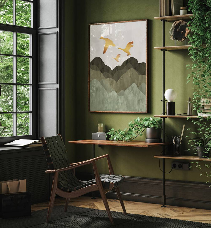 Golden Birds Flying, Landscape Paintings adorn a serene room, showcasing nature's beauty and freedom in art.