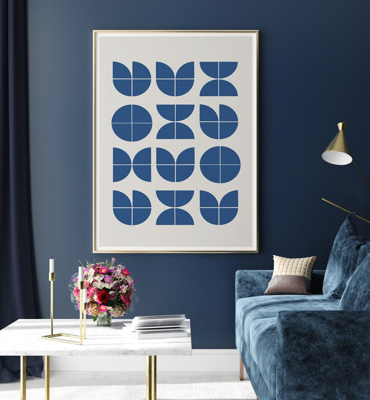 BAUHAUS OBJECTS, GEOMETRIC ART PRINTS displayed in a stylish living room by MIUUS STUDIO, showcasing modern design.