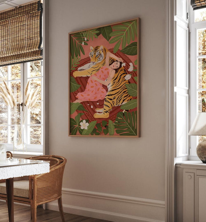Serene scene featuring LAZY AFTERNOON, PORTRAITS with a woman and tiger in a tranquil, botanical setting.