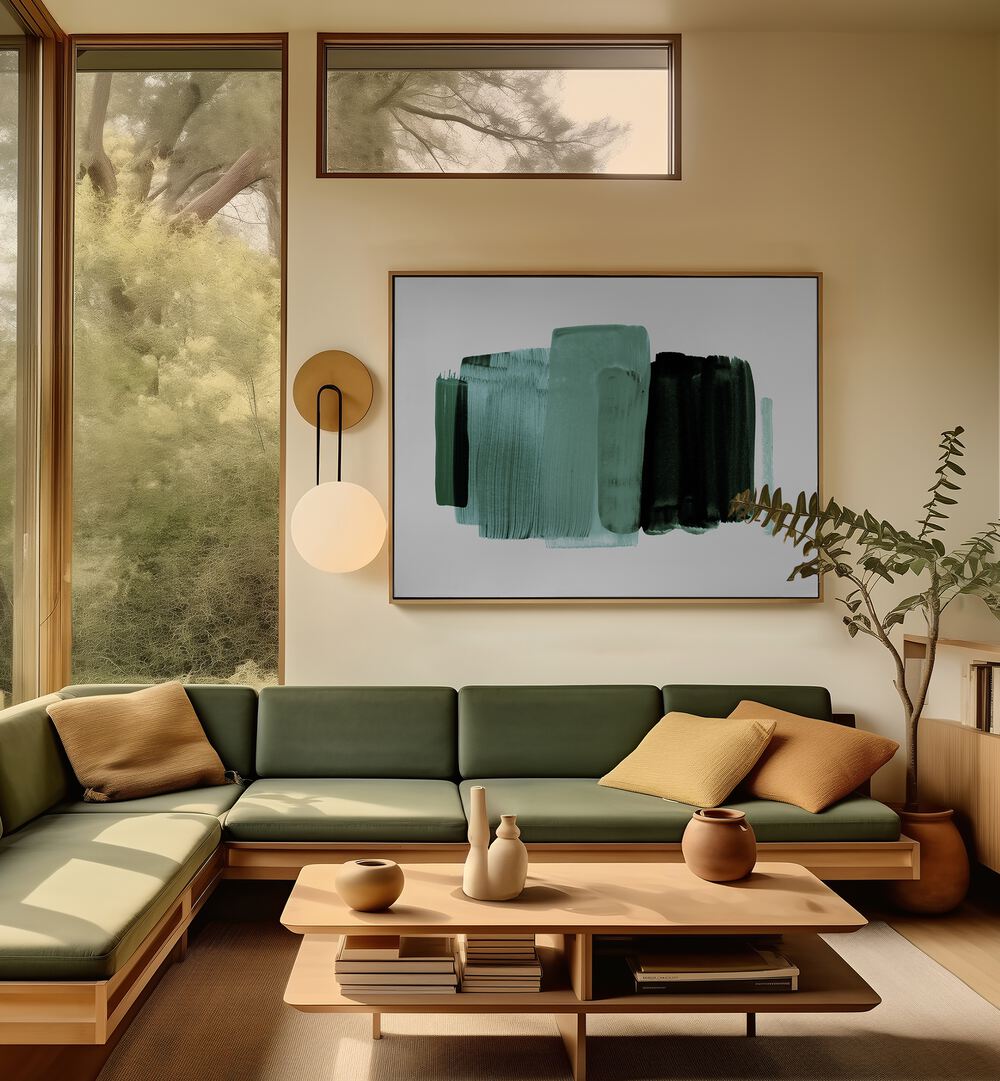 Stylish interior featuring MINIMALISM XVII, ABSTRACT PAINTINGS, enhancing the modern aesthetic with elegant colors.