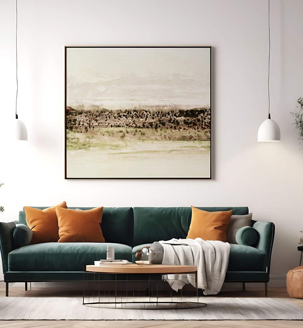 Serene GREEN HORIZON, ABSTRACT PAINTINGS artwork enhancing a stylish living room with contemporary decor.