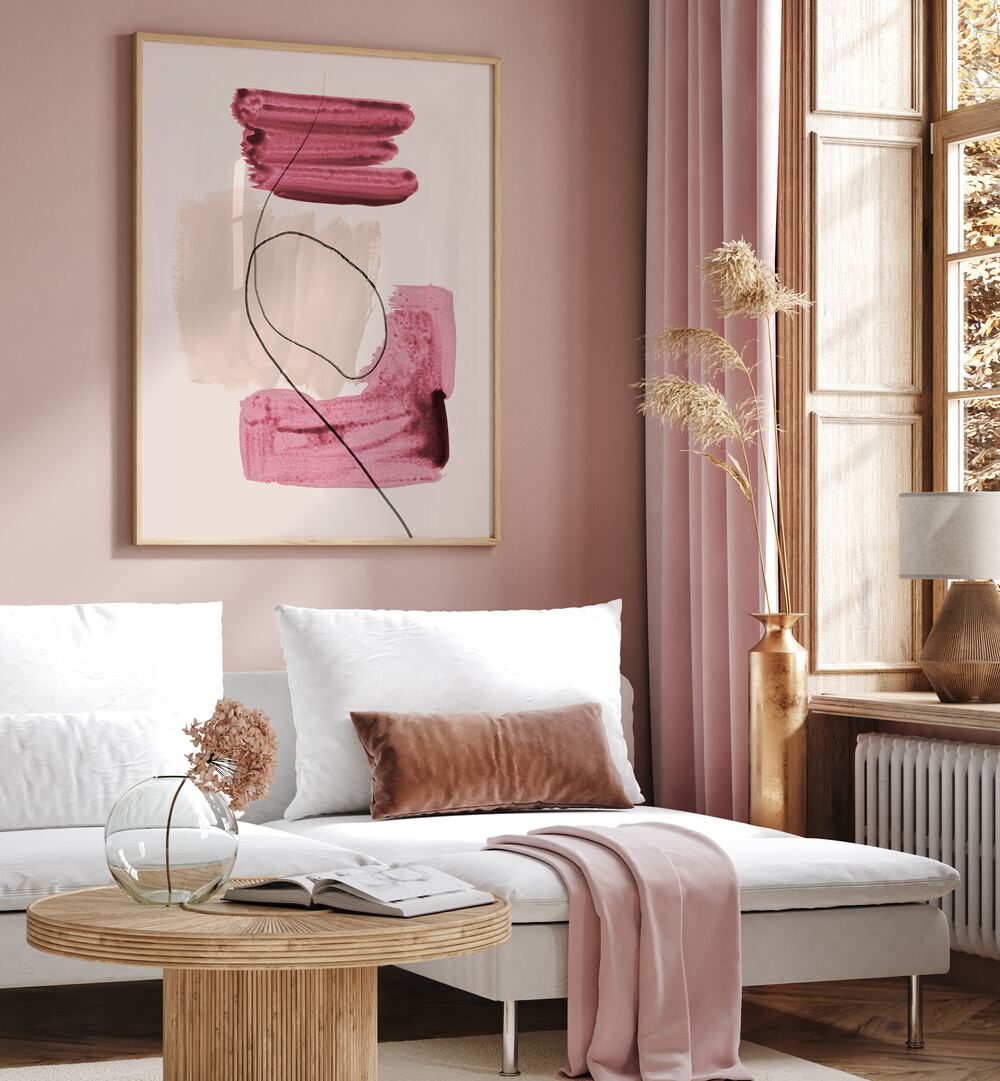 Stunning ABSTRACT LINES AND SHAPES NO.1, ABSTRACT PAINTINGS elevating modern aesthetics in a stylish living room.