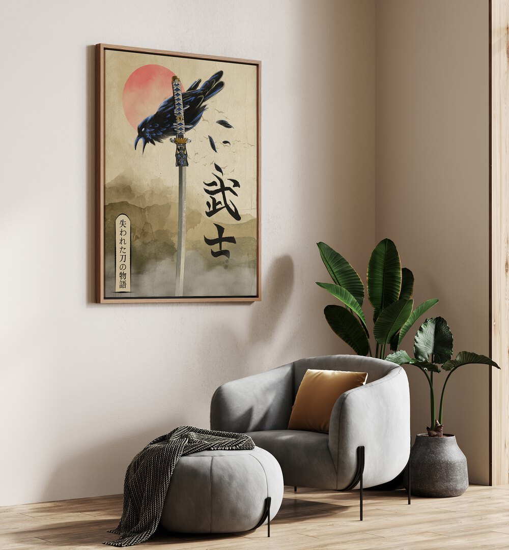Elegant wall art featuring a samurai sword and crow, embodying the essence of DEAD SOULS, JAPANESE PAINTINGS.