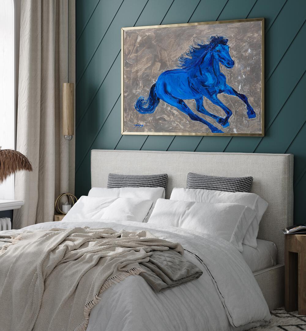 Vibrant BLUE HORSE, ANIMAL PAINTINGS adorn a cozy bedroom, adding a splash of color and style.