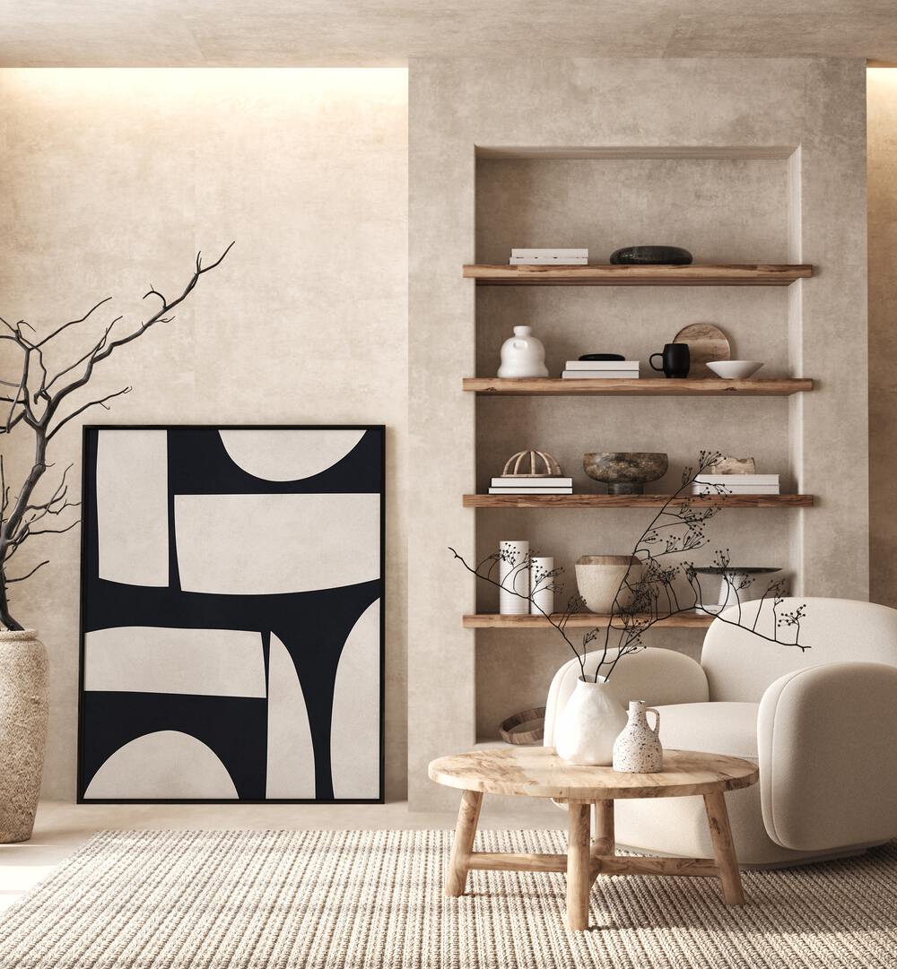 Explore the elegance of CURVED SHAPES II, GEOMETRIC ART PRINTS in a stylish living space with modern decor.